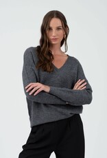 Miss Bliss Blu Solid V Neck Drop Shoulder Knit Sweater-Charcoal