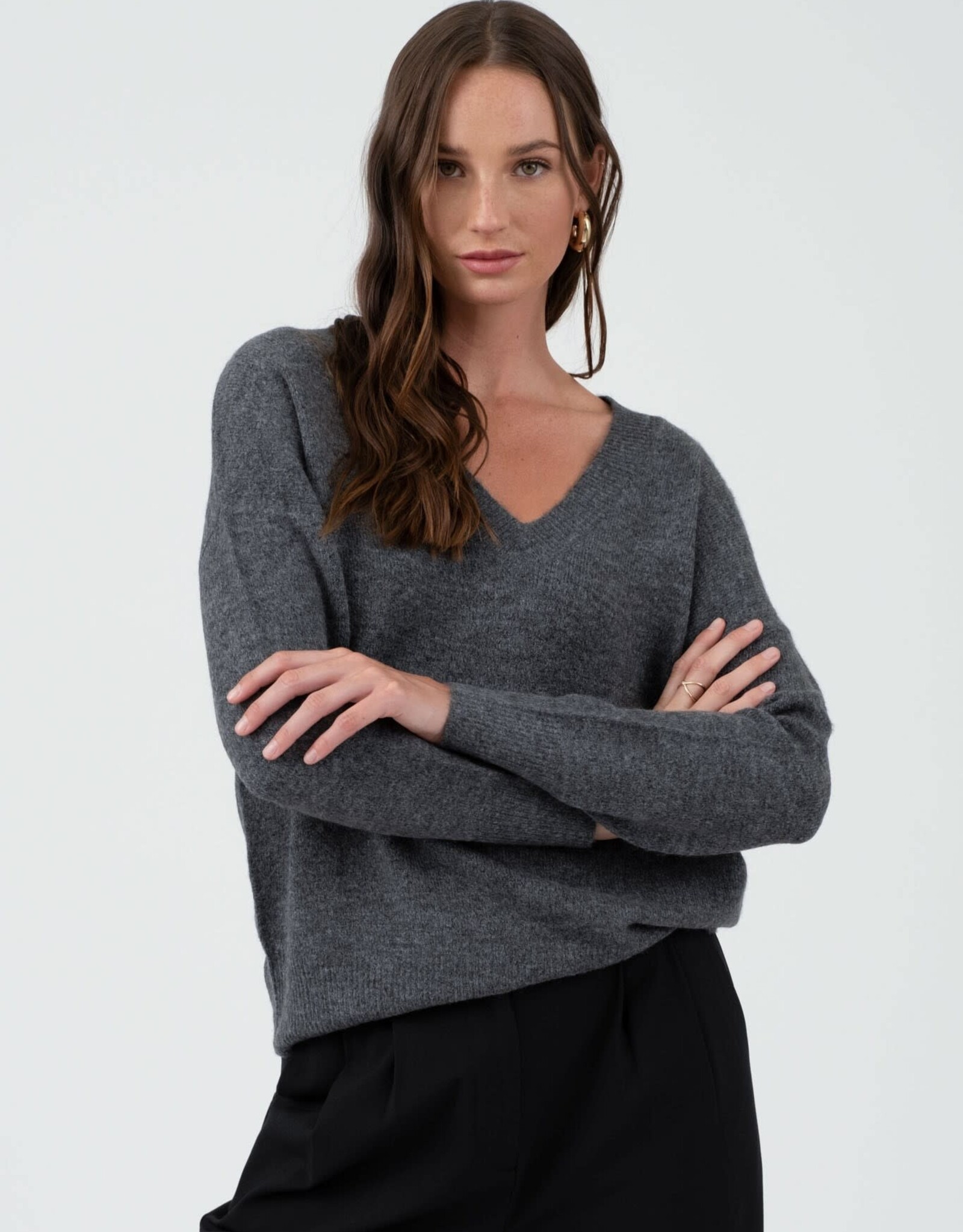 Miss Bliss Blu Solid V Neck Drop Shoulder Knit Sweater-Charcoal