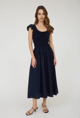 Miss Bliss Blu Shirred Bodice Ruffle Sleeve Midi Dress-Navy