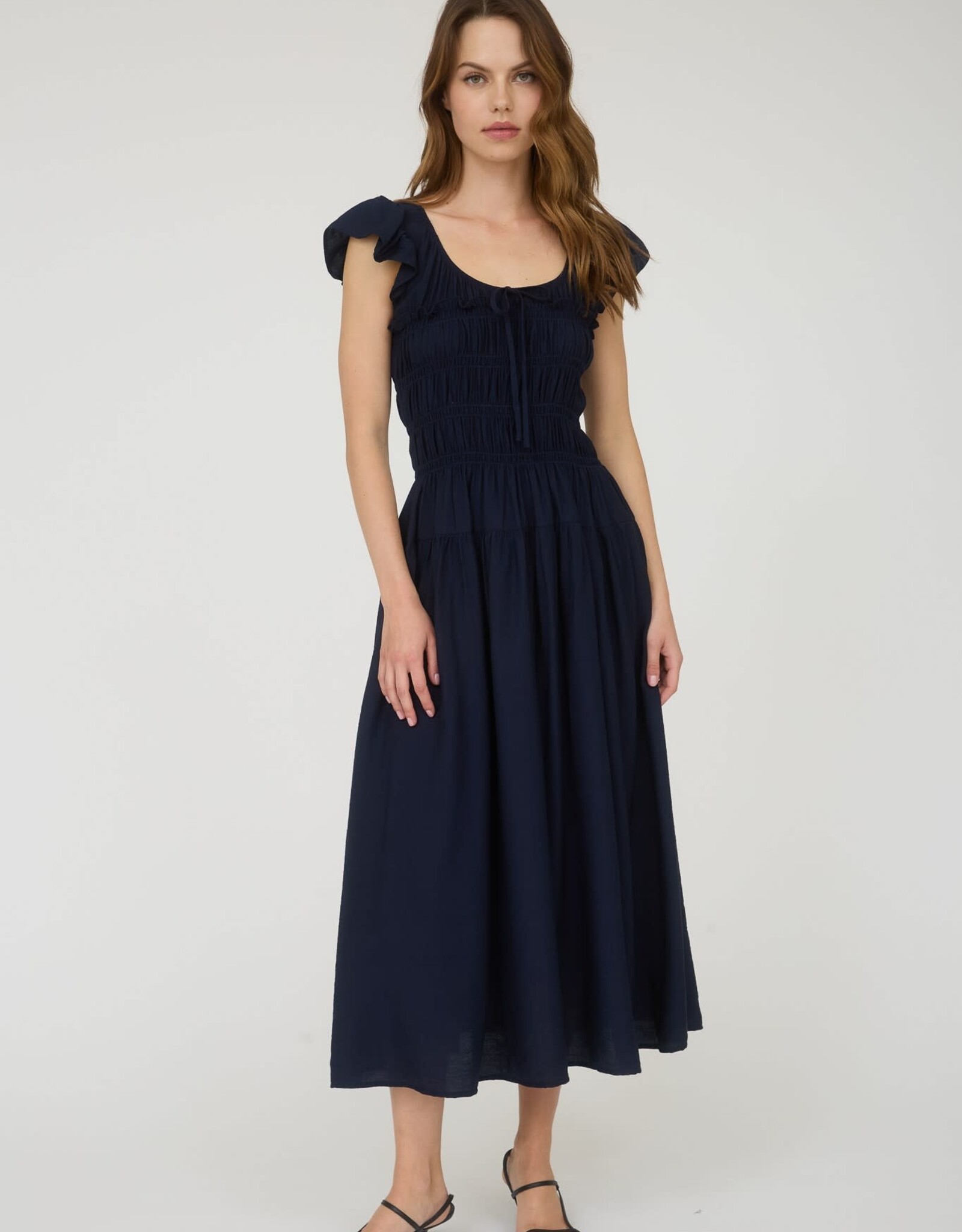 Miss Bliss Blu Shirred Bodice Ruffle Sleeve Midi Dress-Navy