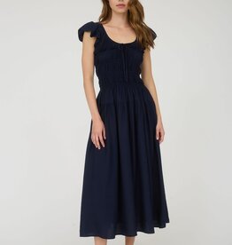 Miss Bliss Shirred Bodice Ruffle Sleeve Midi Dress-Navy
