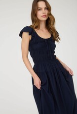 Miss Bliss Blu Shirred Bodice Ruffle Sleeve Midi Dress-Navy