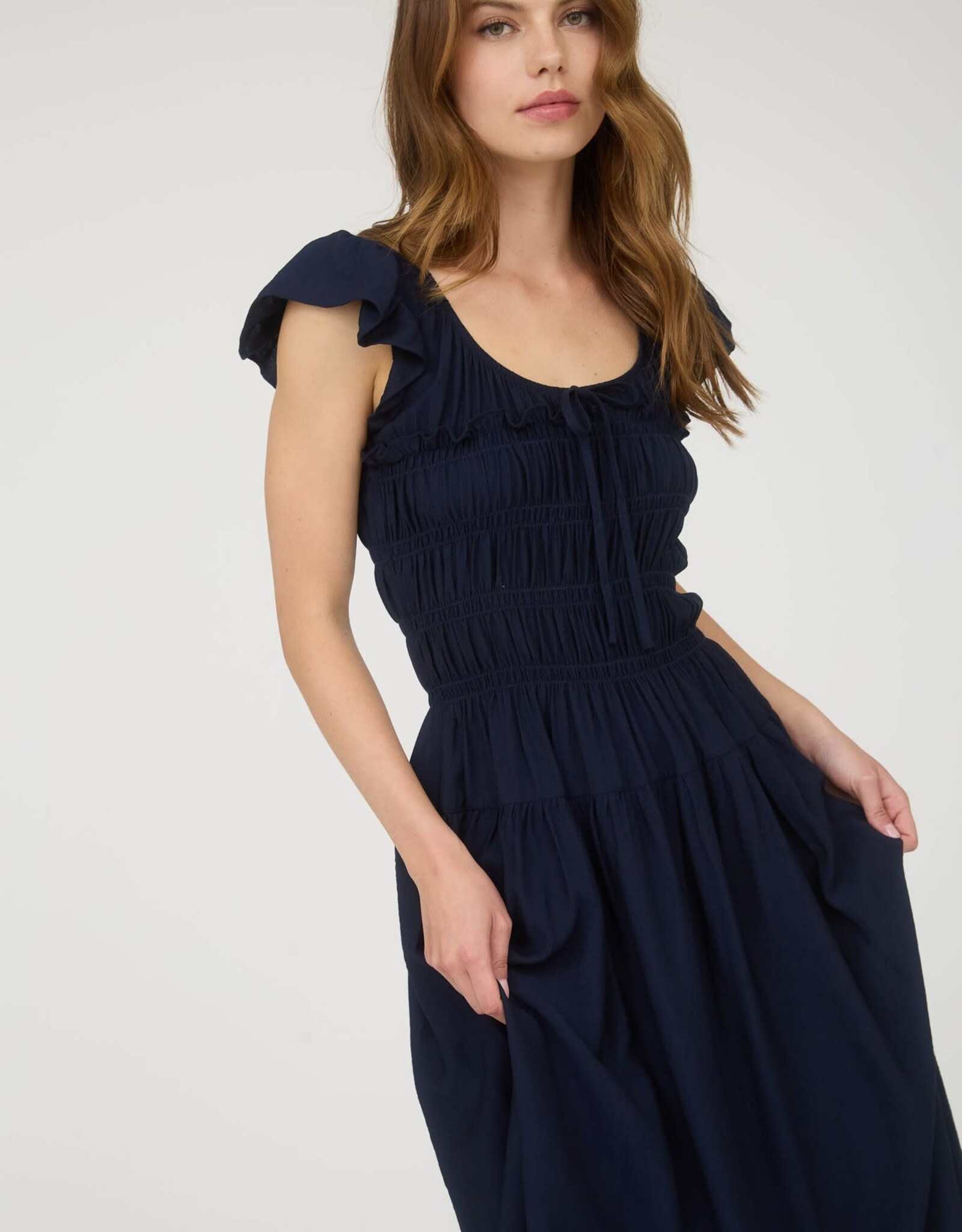 Miss Bliss Blu Shirred Bodice Ruffle Sleeve Midi Dress-Navy