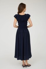 Miss Bliss Blu Shirred Bodice Ruffle Sleeve Midi Dress-Navy