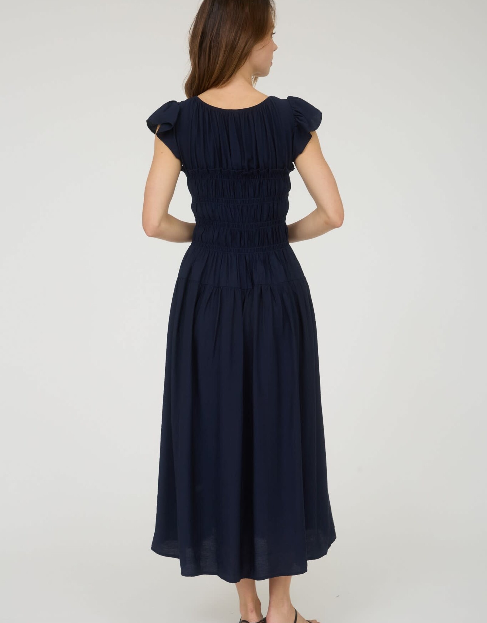 Miss Bliss Blu Shirred Bodice Ruffle Sleeve Midi Dress-Navy