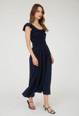 Miss Bliss Blu Shirred Bodice Ruffle Sleeve Midi Dress-Navy