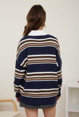 Miss Bliss Blu Multicolor Stripe V Neck LS Knit Sweater-Navy