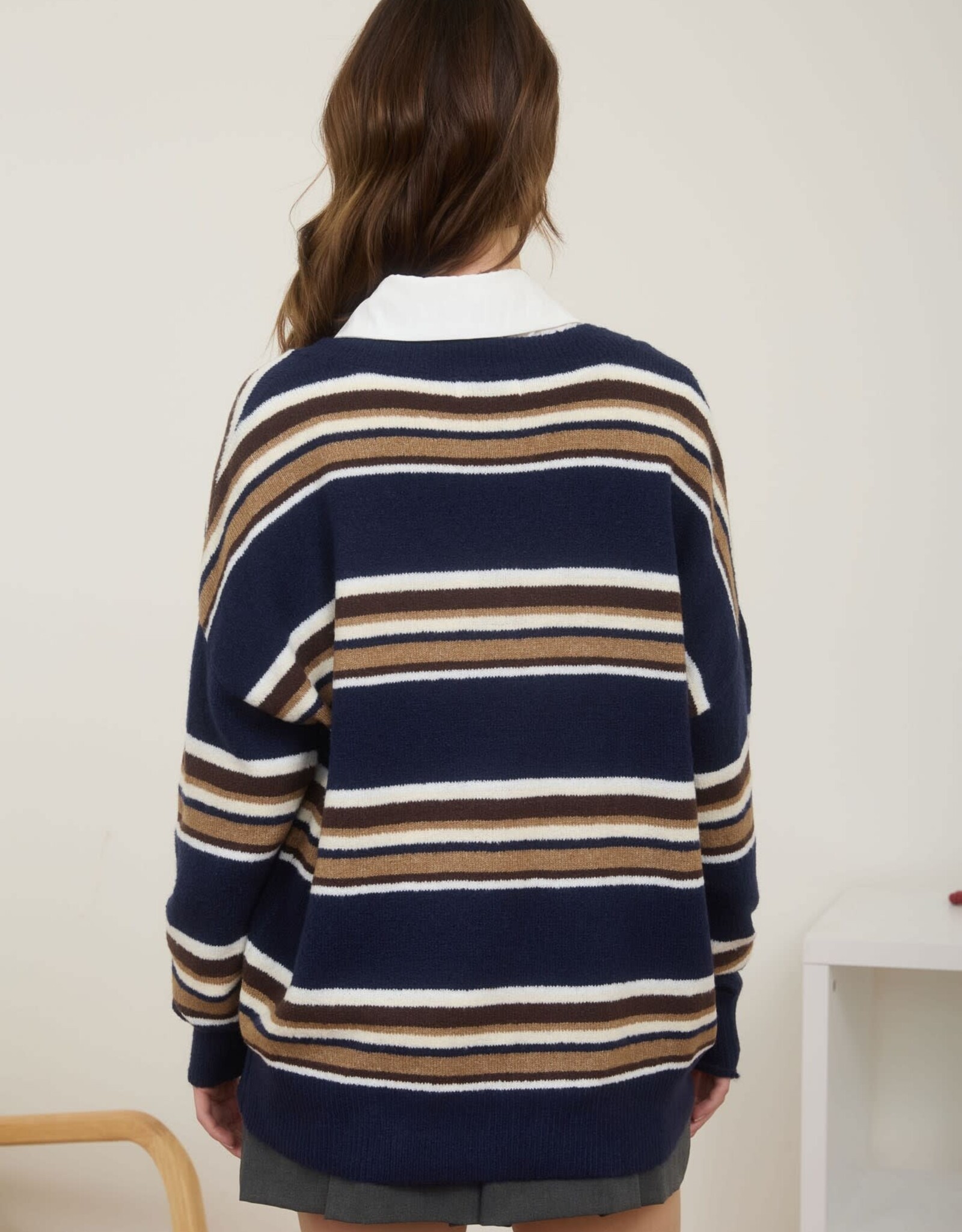 Miss Bliss Blu Multicolor Stripe V Neck LS Knit Sweater-Navy