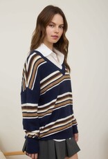 Miss Bliss Blu Multicolor Stripe V Neck LS Knit Sweater-Navy
