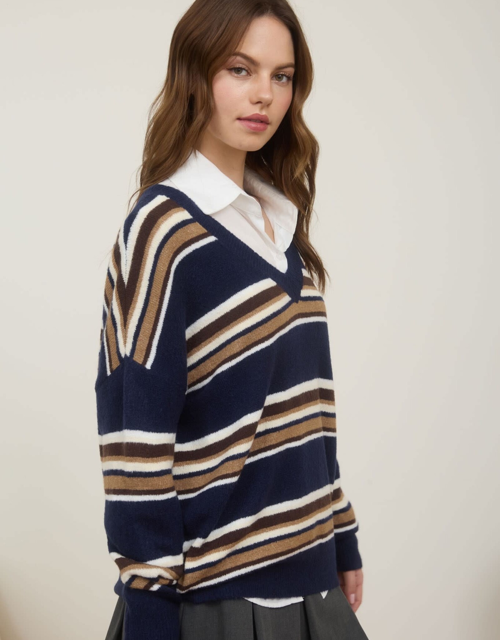 Miss Bliss Blu Multicolor Stripe V Neck LS Knit Sweater-Navy