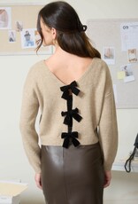 Miss Bliss Blu Back Velvet Bow Dtl Knit Pullover Sweater-Oatmeal
