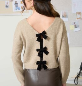 Miss Bliss Oatmeal - Velvet Bow Detail Knit Pullover