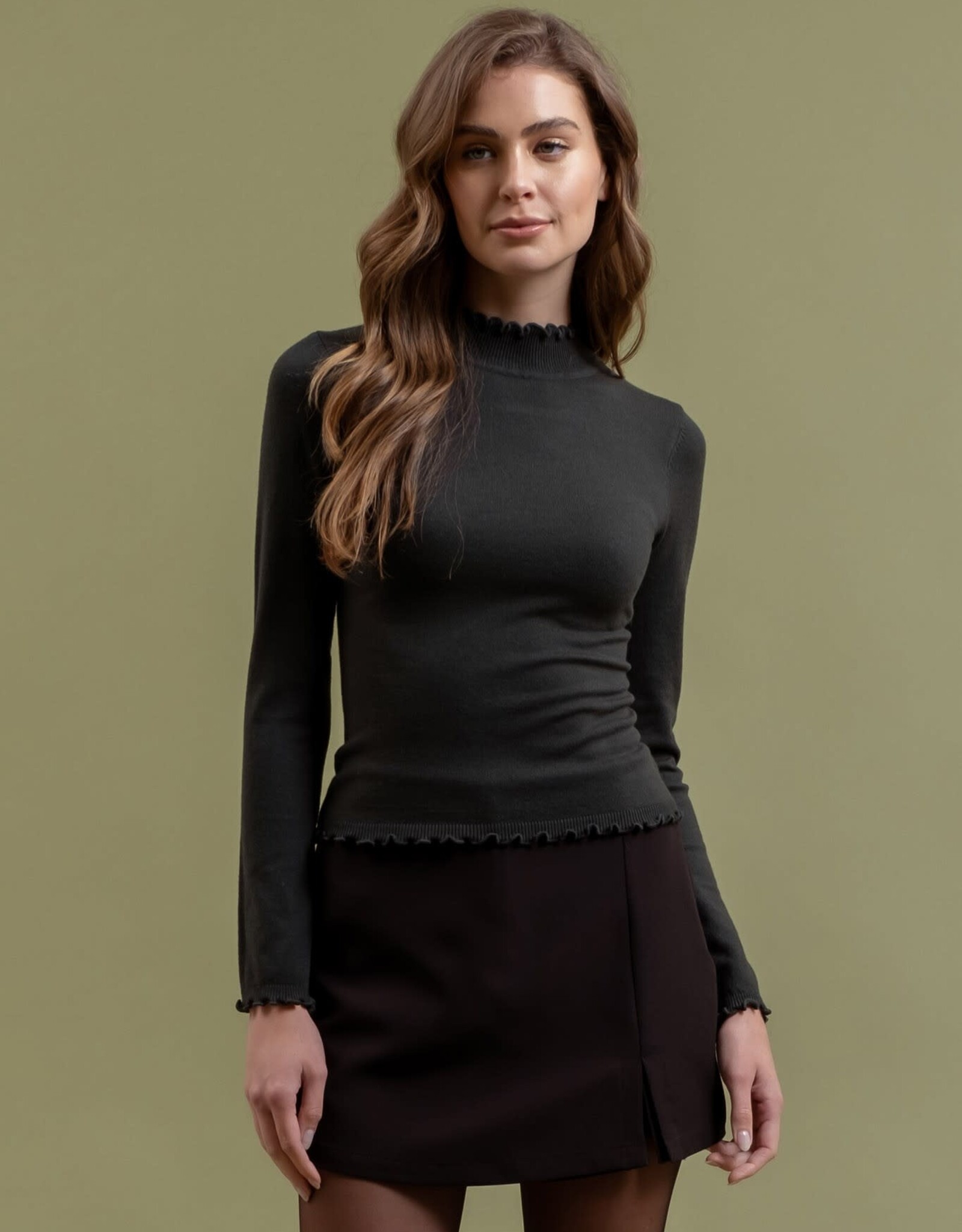 Miss Bliss Blu Lettuce Trim Mock Neck Sweater Knit Top-H Green