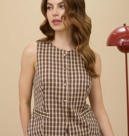 Miss Bliss Plaid Button Down Vest Top-Khaki Multi