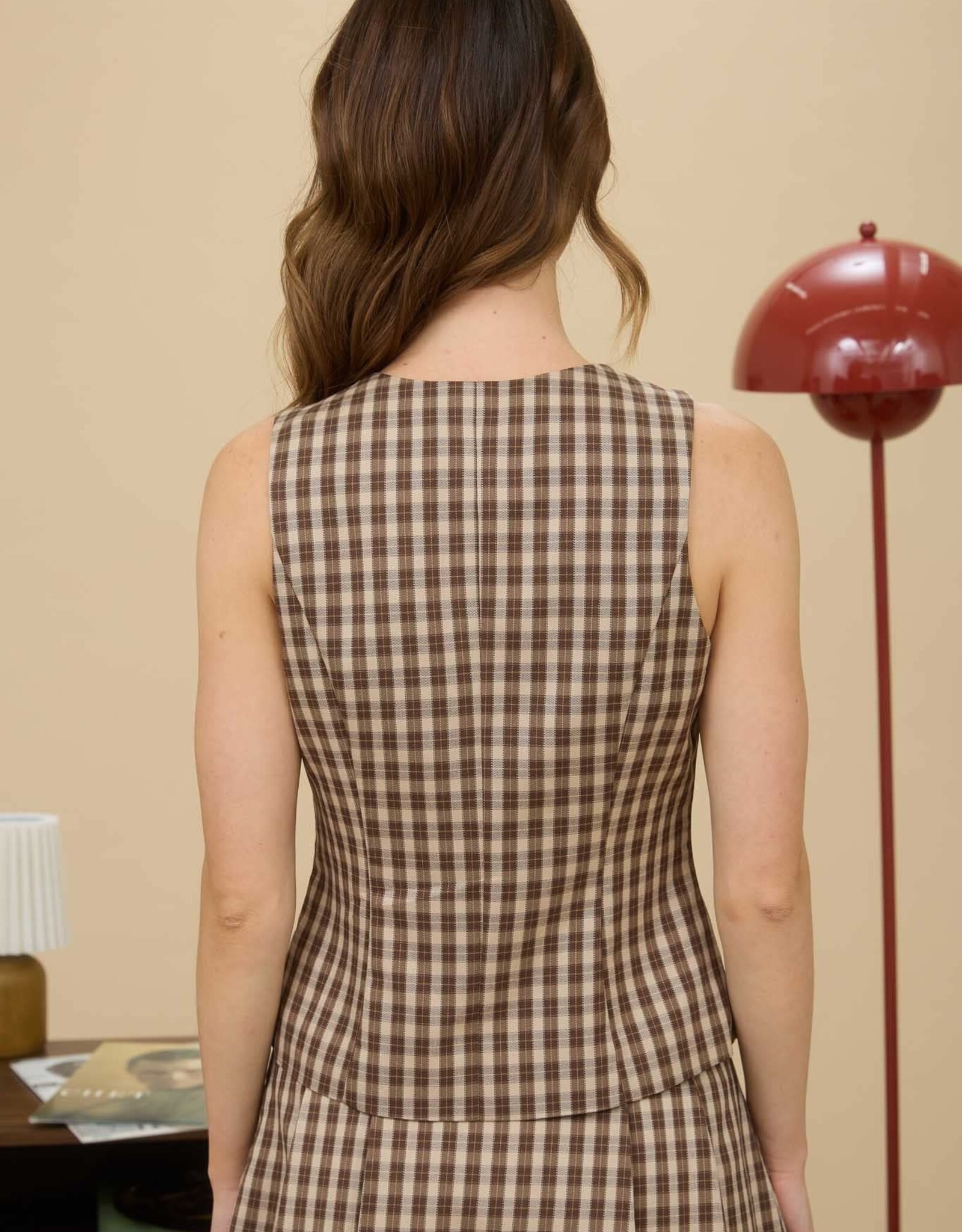 Miss Bliss Blu Plaid Button Down Vest Top-Khaki Multi