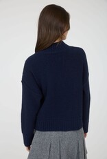 Miss Bliss Blu Mock Neck Split Hem Knit Pullover Sweater-Navy