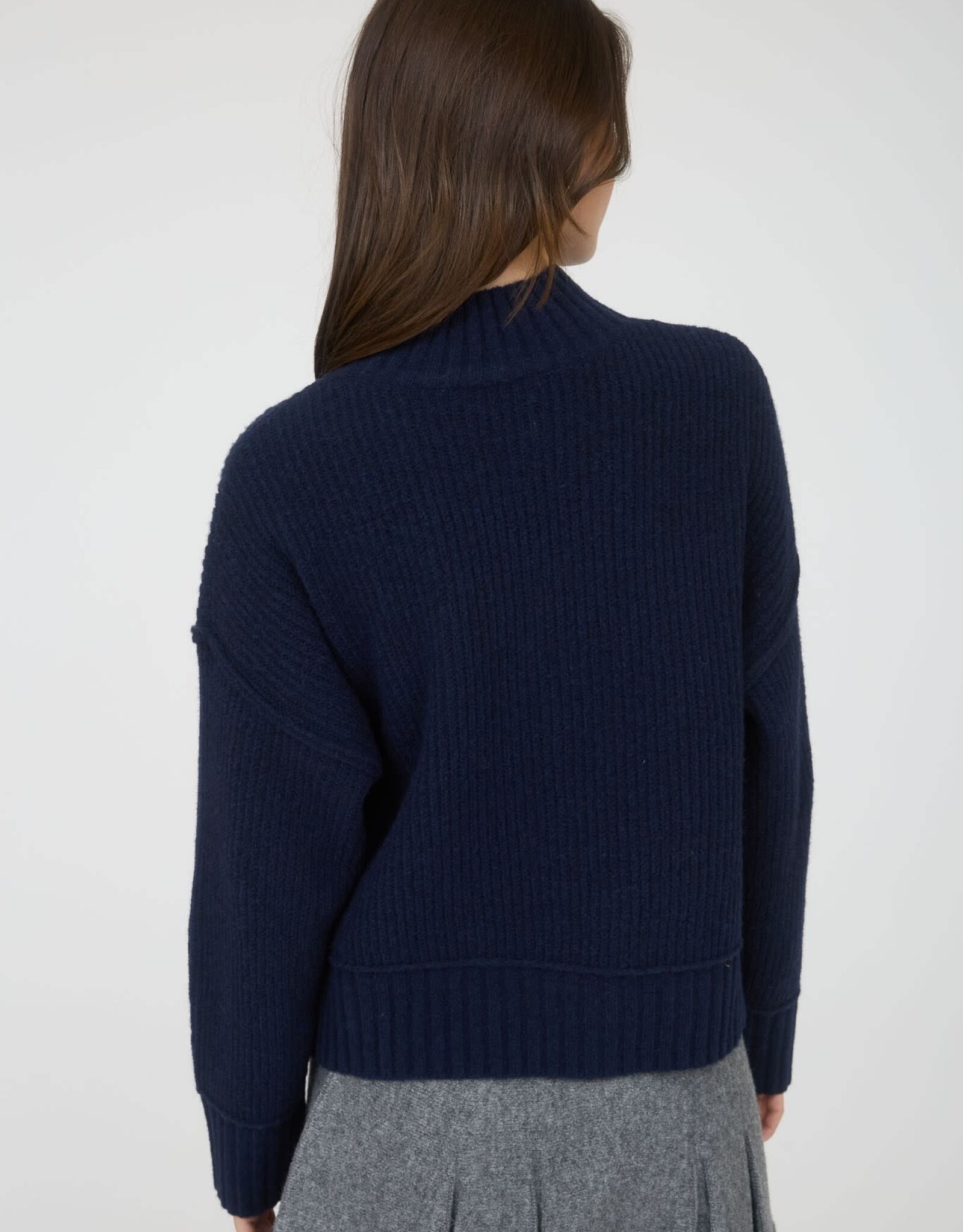 Miss Bliss Blu Mock Neck Split Hem Knit Pullover Sweater-Navy
