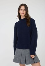 Miss Bliss Blu Mock Neck Split Hem Knit Pullover Sweater-Navy