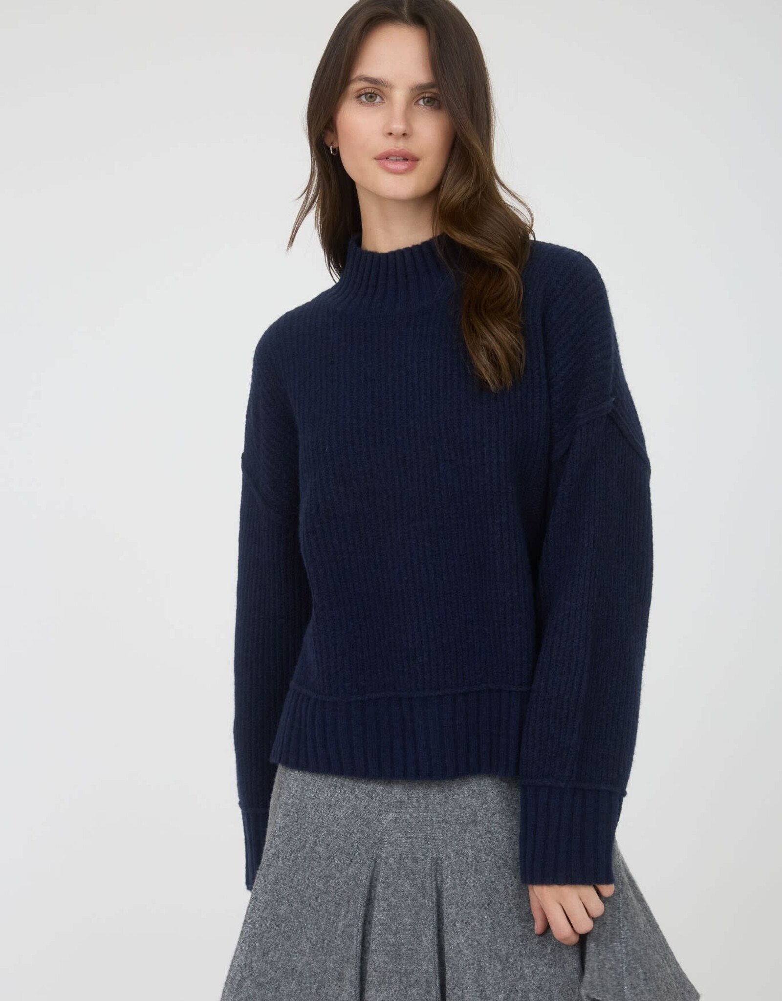 Miss Bliss Blu Mock Neck Split Hem Knit Pullover Sweater-Navy