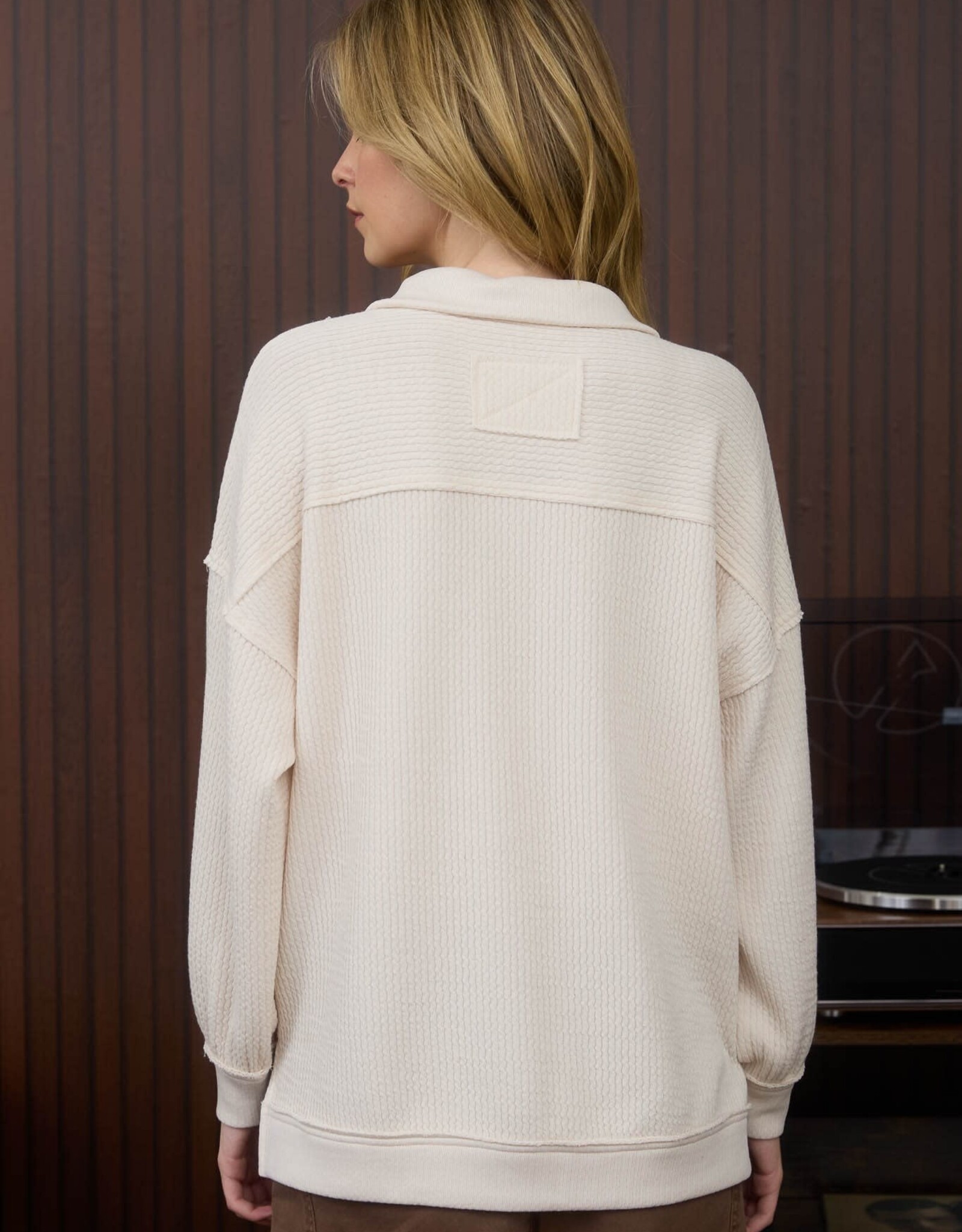 Miss Bliss Blu Half Zip Collared LS Waffle Knit Top-Cream