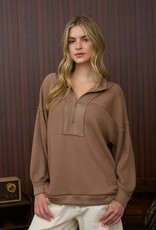 Miss Bliss Blu Half Zip Collared LS Waffle Knit Top-Mocha