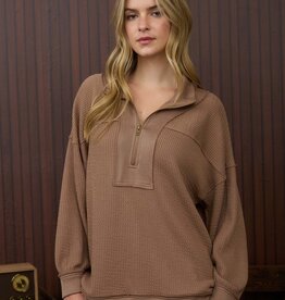 Miss Bliss Mocha - Half Zip Collared Waffle Knit Top