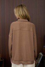 Miss Bliss Blu Half Zip Collared LS Waffle Knit Top-Mocha