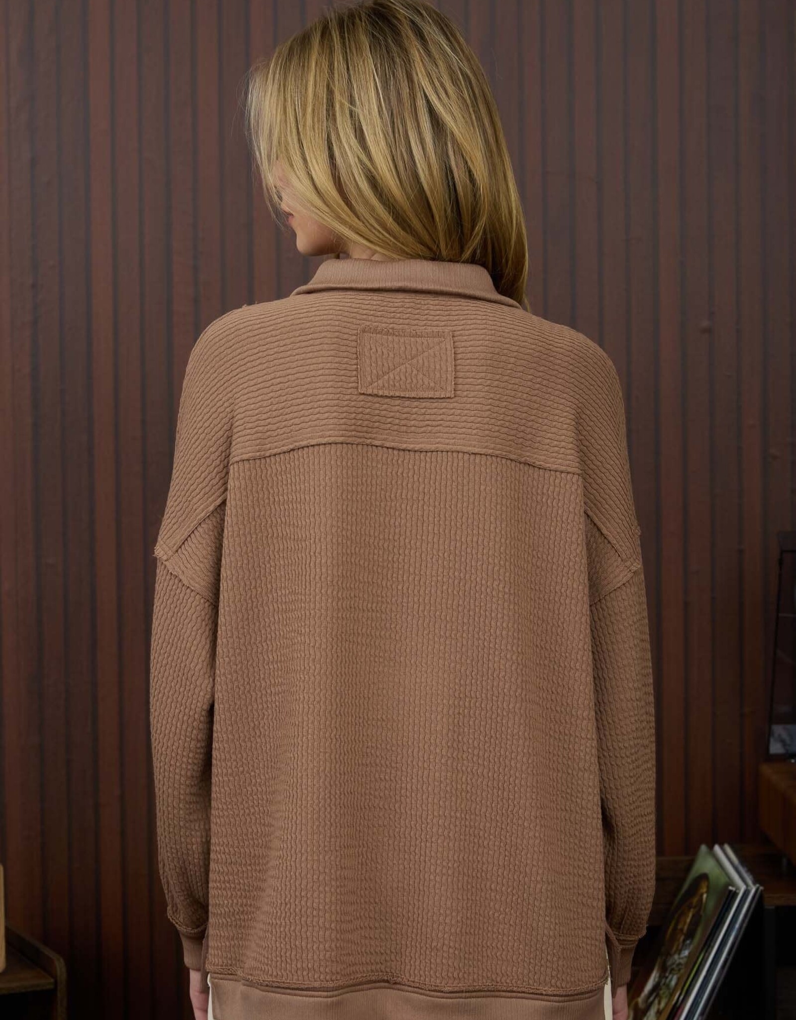 Miss Bliss Blu Half Zip Collared LS Waffle Knit Top-Mocha