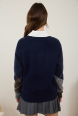 Miss Bliss Blu Argyle V Neck Long Sleeve Pullover Sweater-Navy
