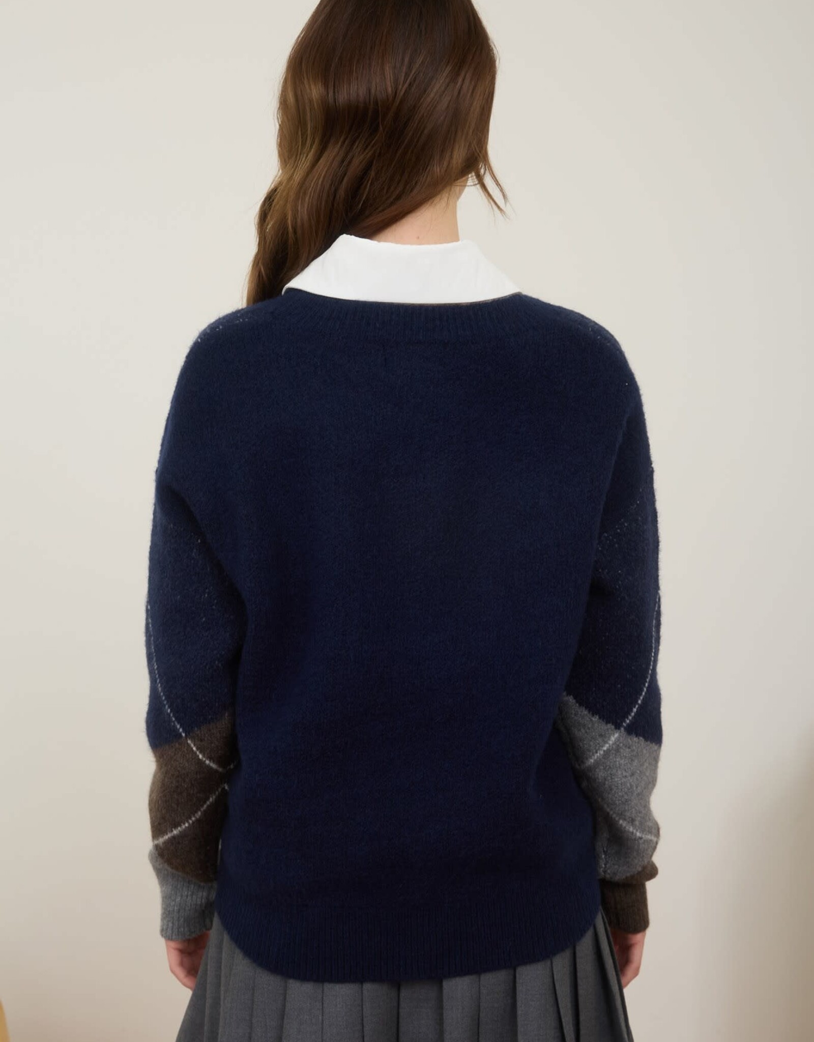 Miss Bliss Blu Argyle V Neck Long Sleeve Pullover Sweater-Navy