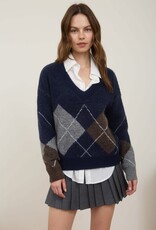 Miss Bliss Blu Argyle V Neck Long Sleeve Pullover Sweater-Navy