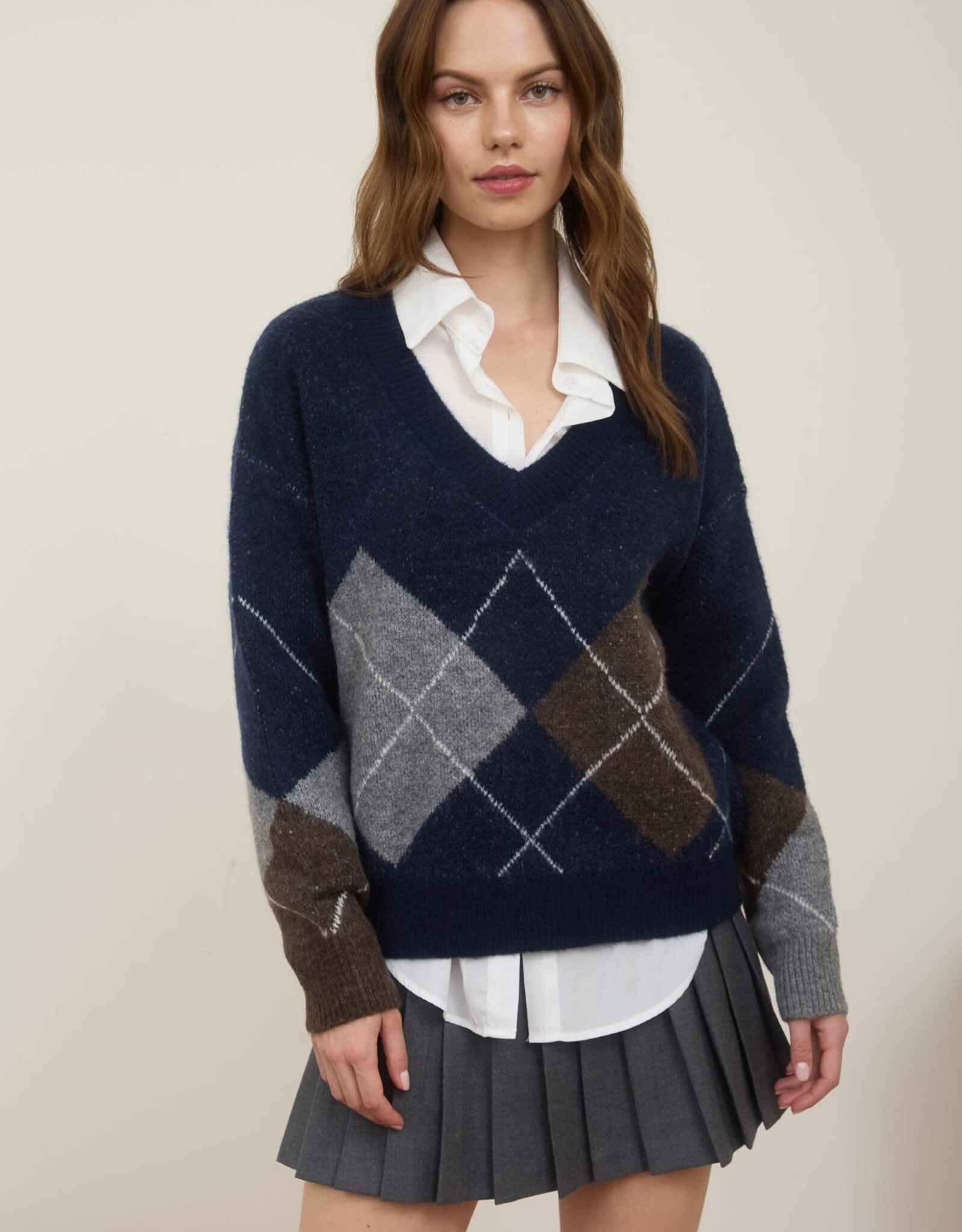 Miss Bliss Blu Argyle V Neck Long Sleeve Pullover Sweater-Navy