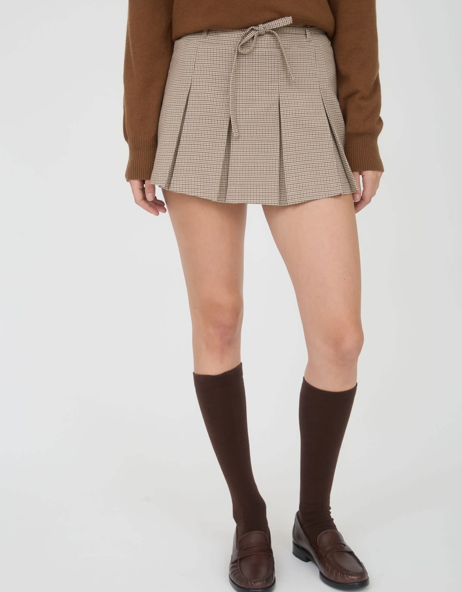 Miss Bliss Blu Plaid Waist Tie Detail Pleated Mini Skirt-Lt Taupe
