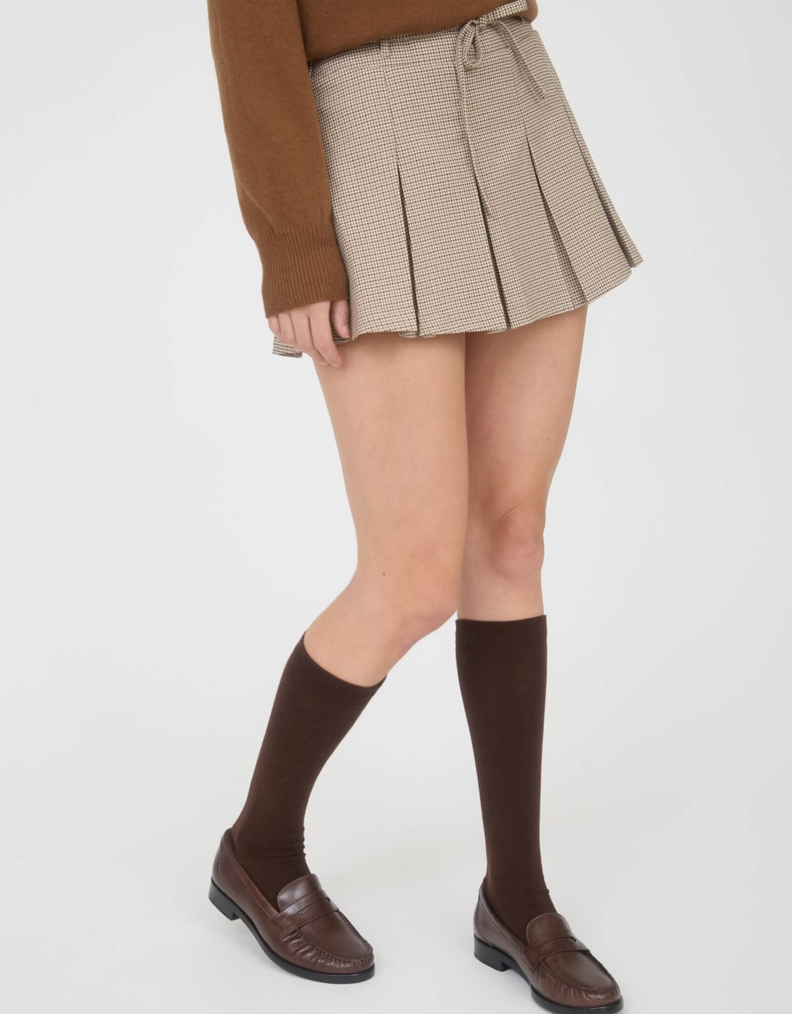 Miss Bliss Blu Plaid Waist Tie Detail Pleated Mini Skirt-Lt Taupe