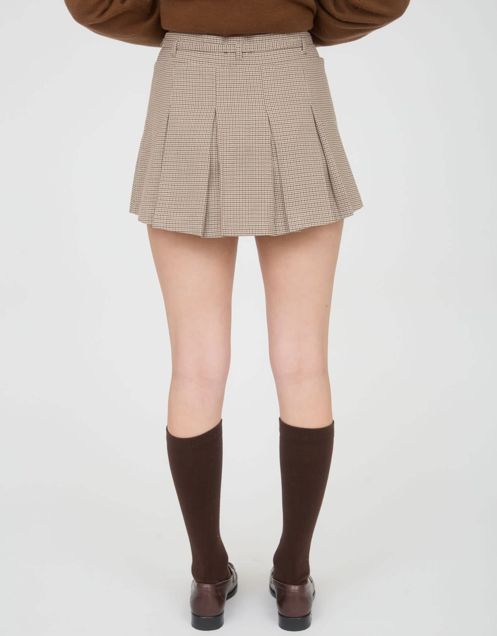 Miss Bliss Blu Plaid Waist Tie Detail Pleated Mini Skirt-Lt Taupe