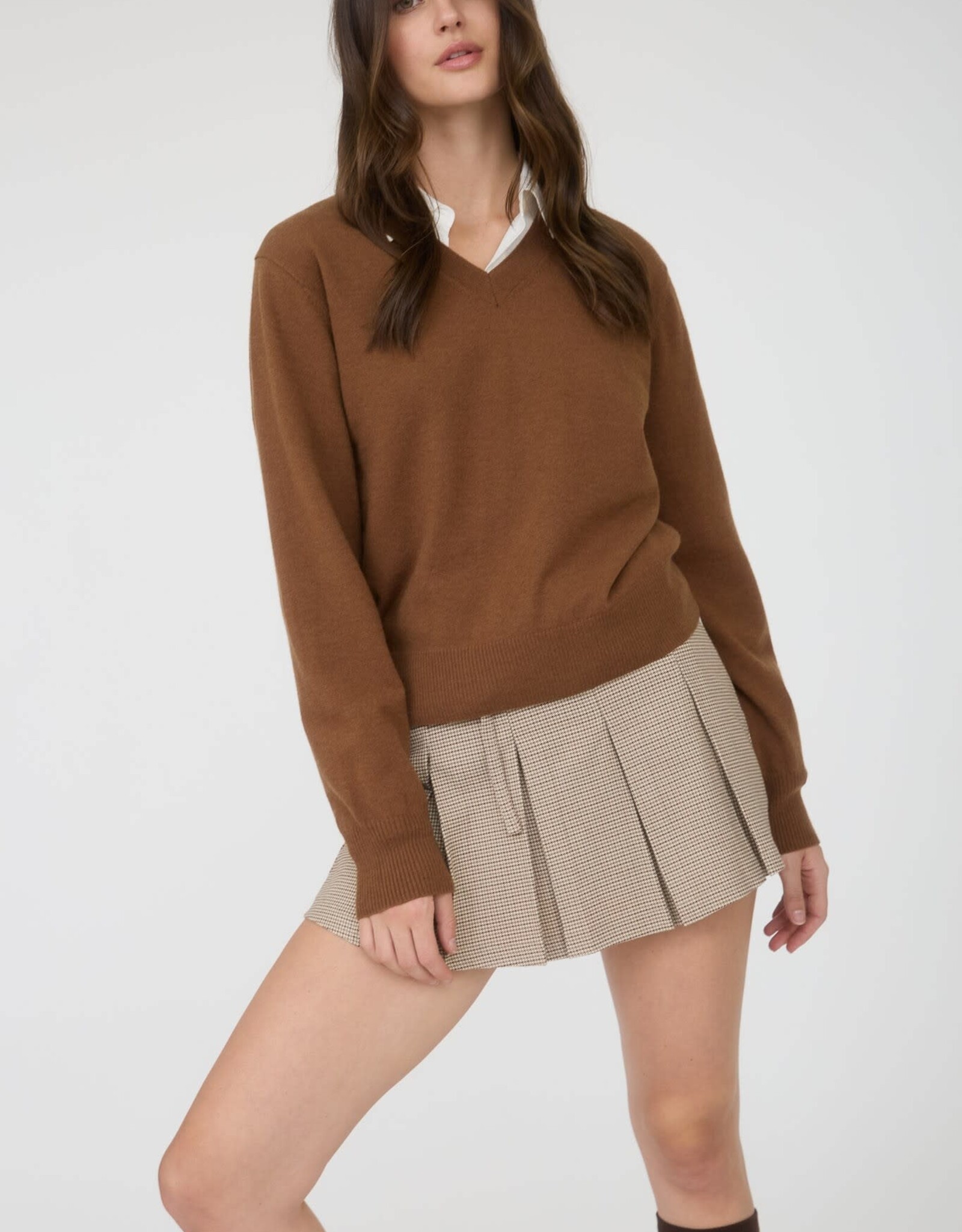 Miss Bliss Blu Plaid Waist Tie Detail Pleated Mini Skirt-Lt Taupe