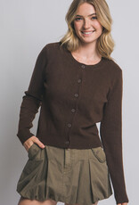 Miss Bliss LT Crew Neck Button Up Cardigan-Brown