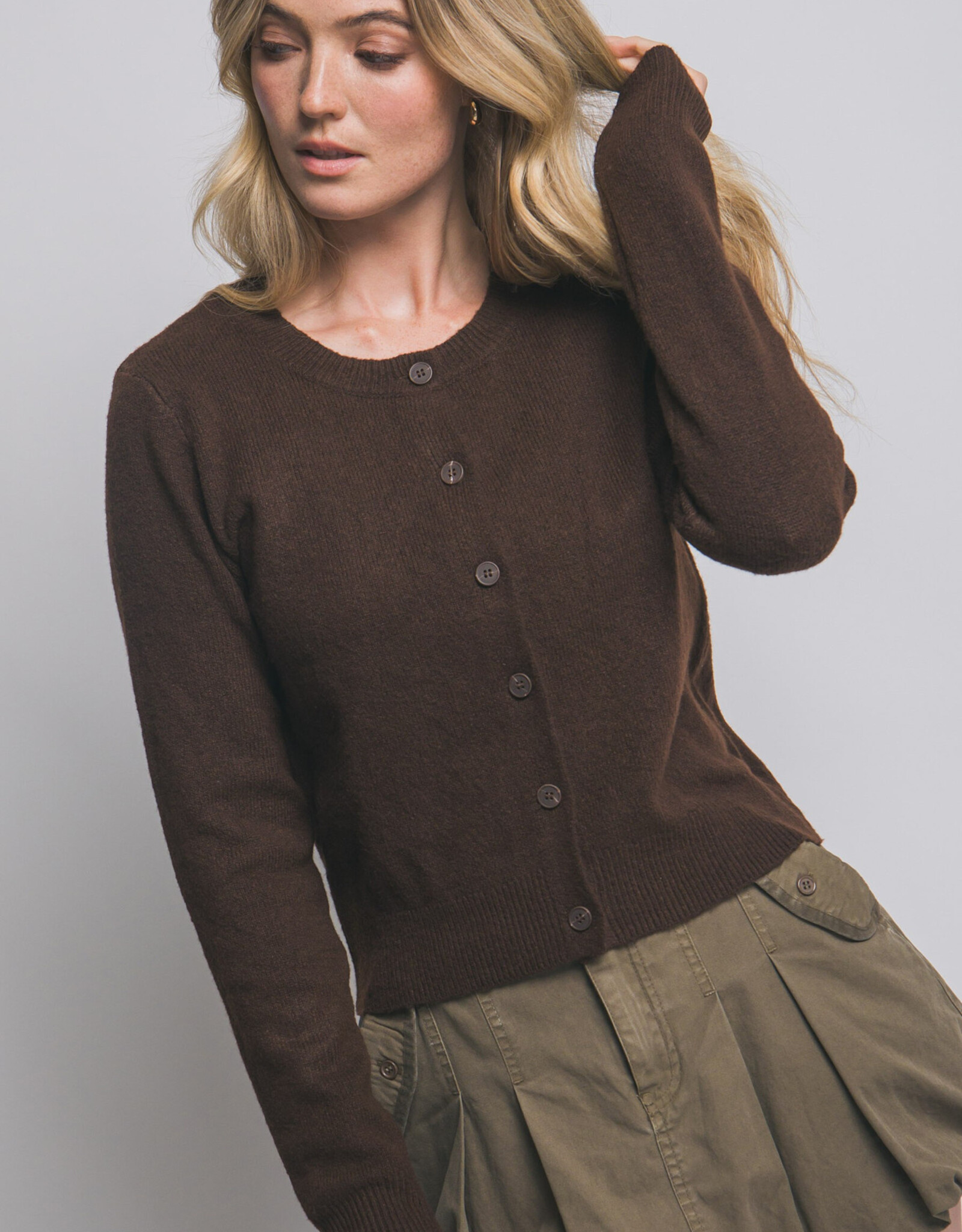 Miss Bliss LT Crew Neck Button Up Cardigan-Brown