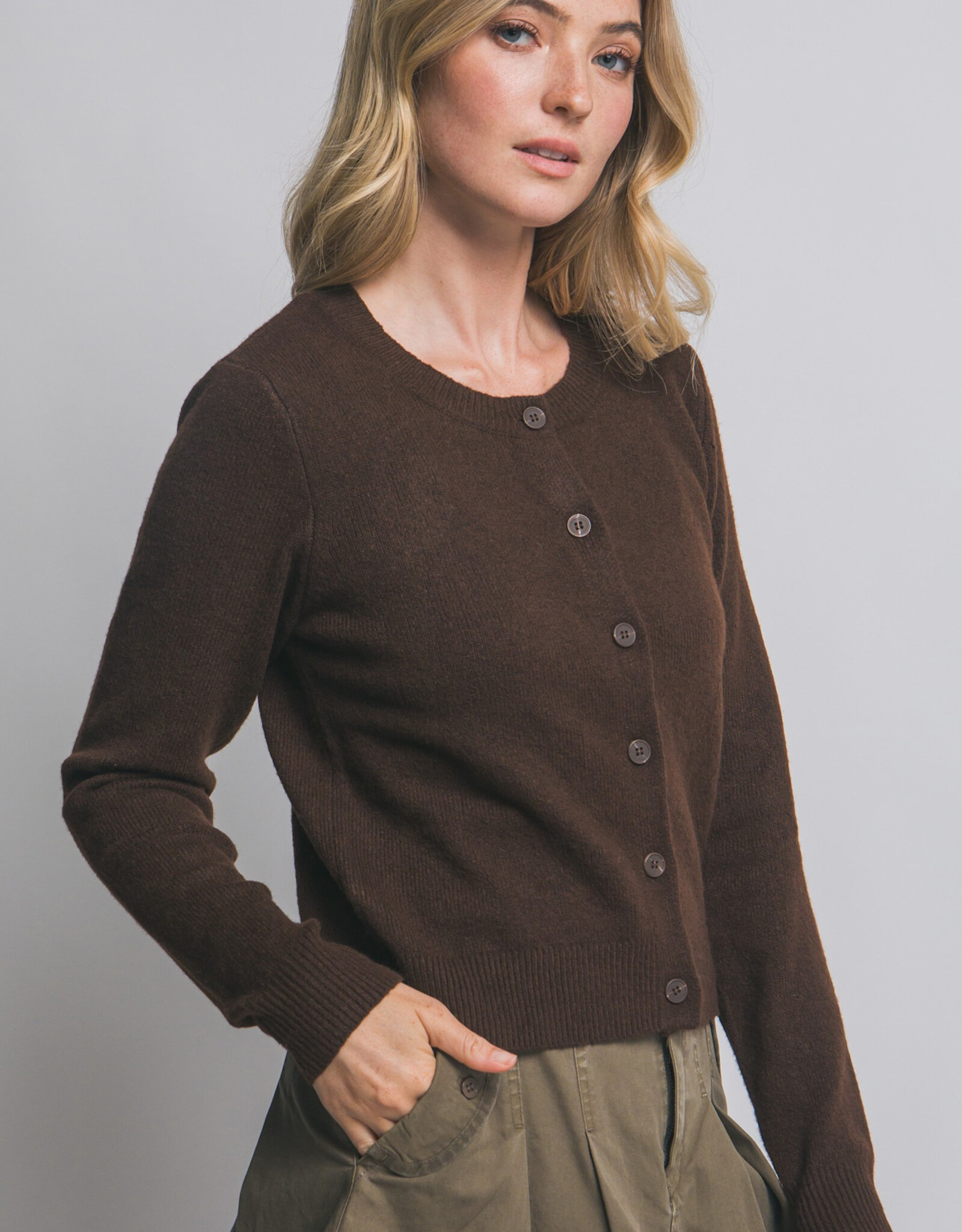 Miss Bliss LT Crew Neck Button Up Cardigan-Brown