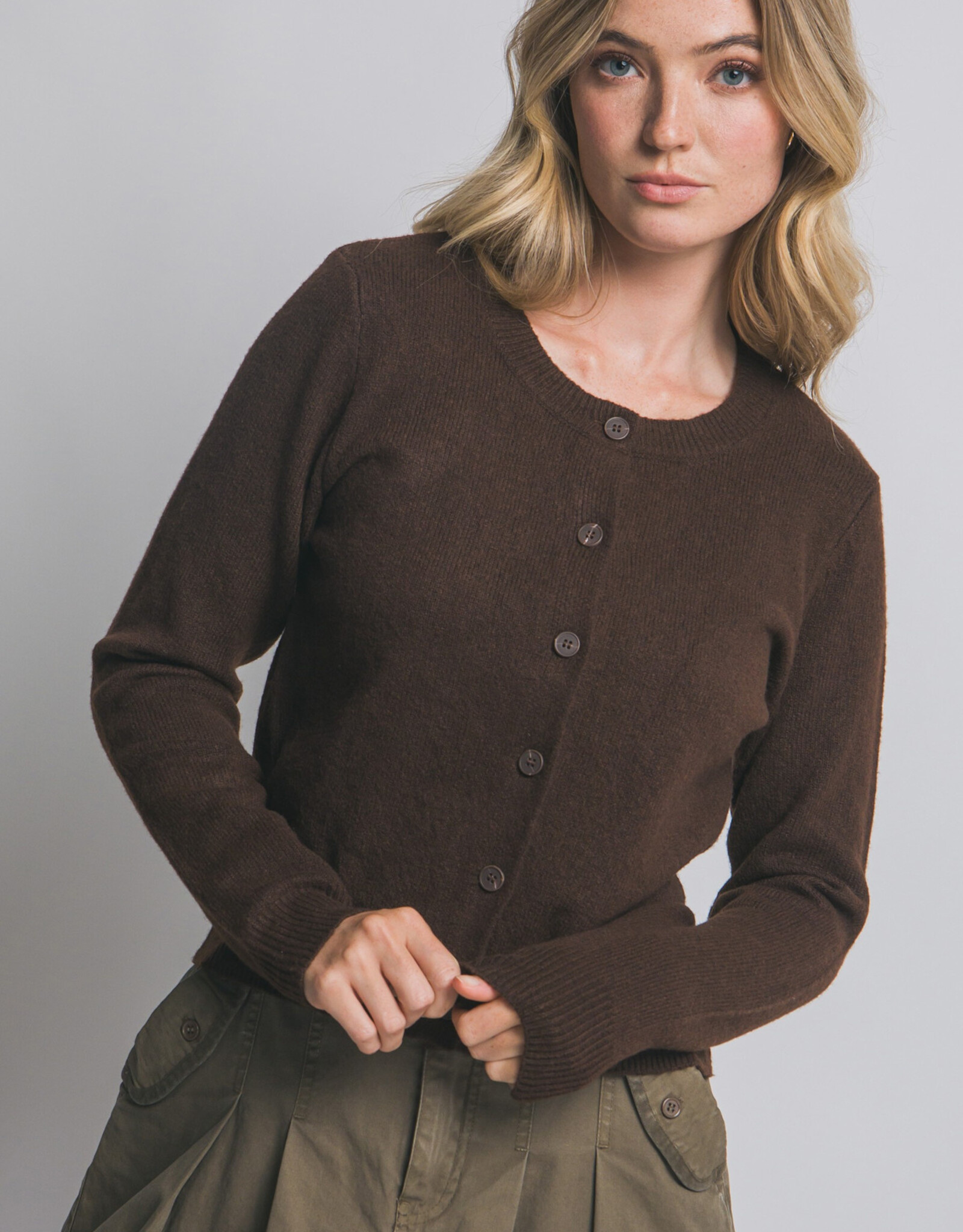 Miss Bliss LT Crew Neck Button Up Cardigan-Brown
