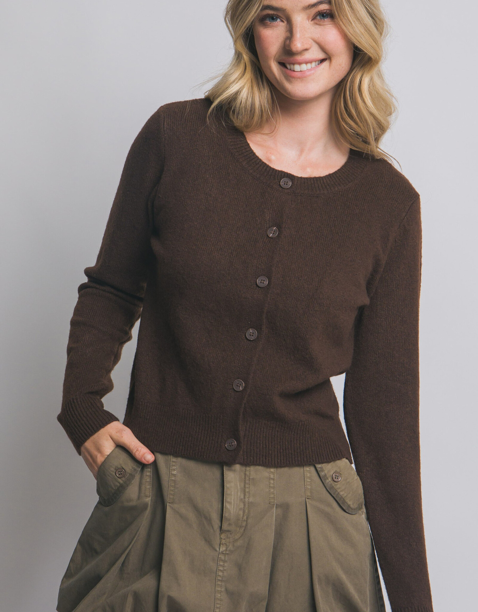 Miss Bliss LT Crew Neck Button Up Cardigan-Brown
