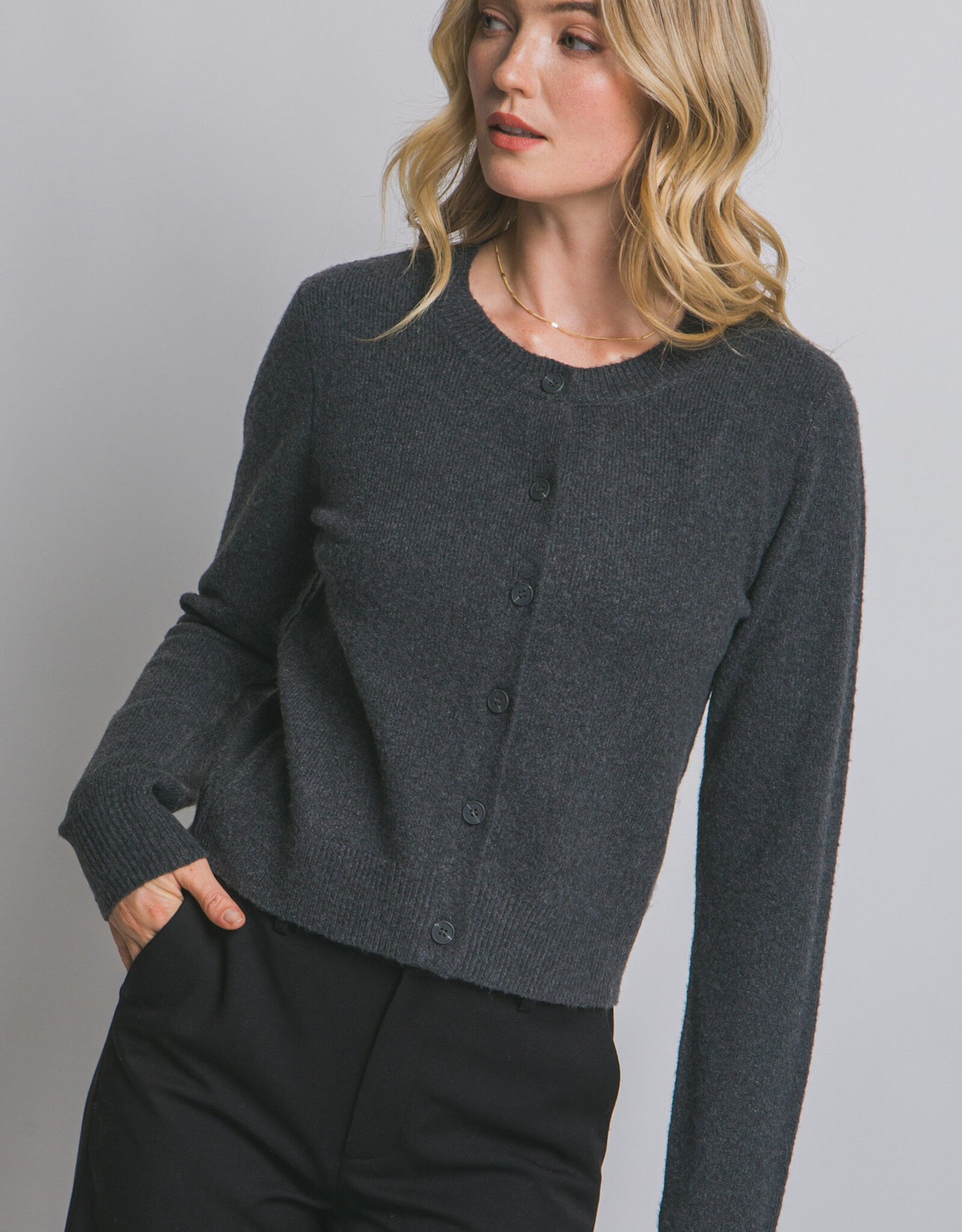 Miss Bliss LT Crew Neck Button Up Cardigan-Charcoal