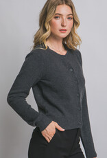 Miss Bliss LT Crew Neck Button Up Cardigan-Charcoal