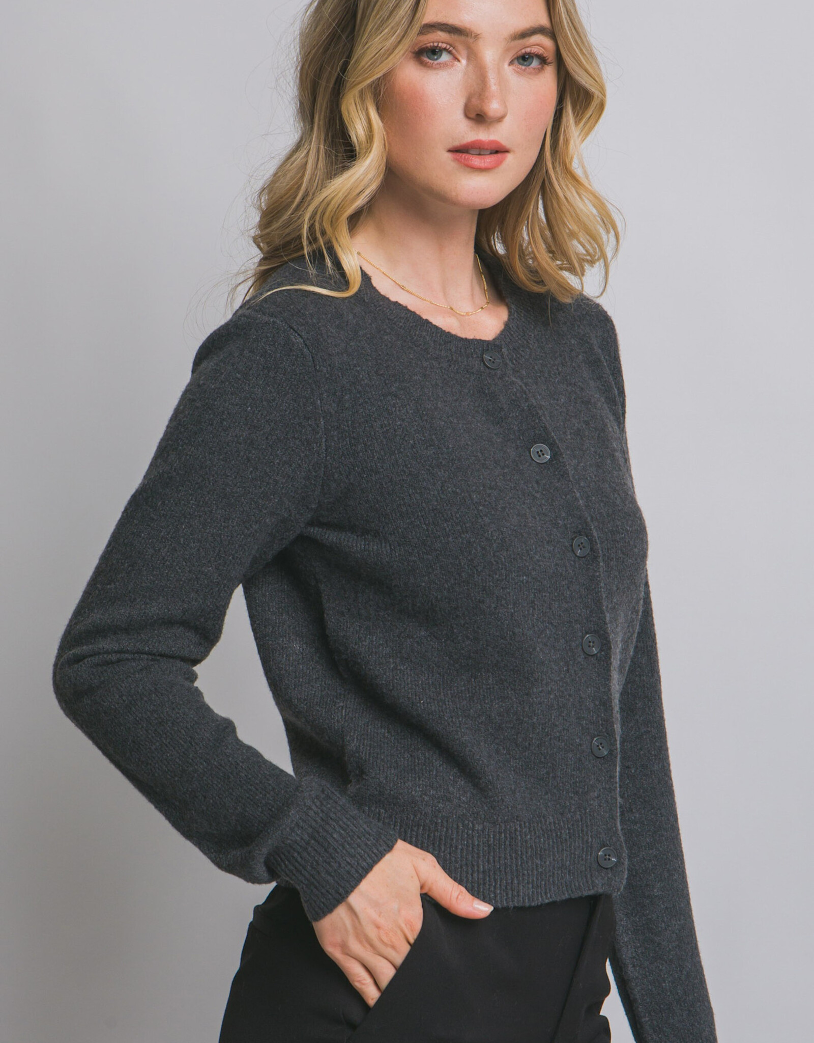 Miss Bliss LT Crew Neck Button Up Cardigan-Charcoal