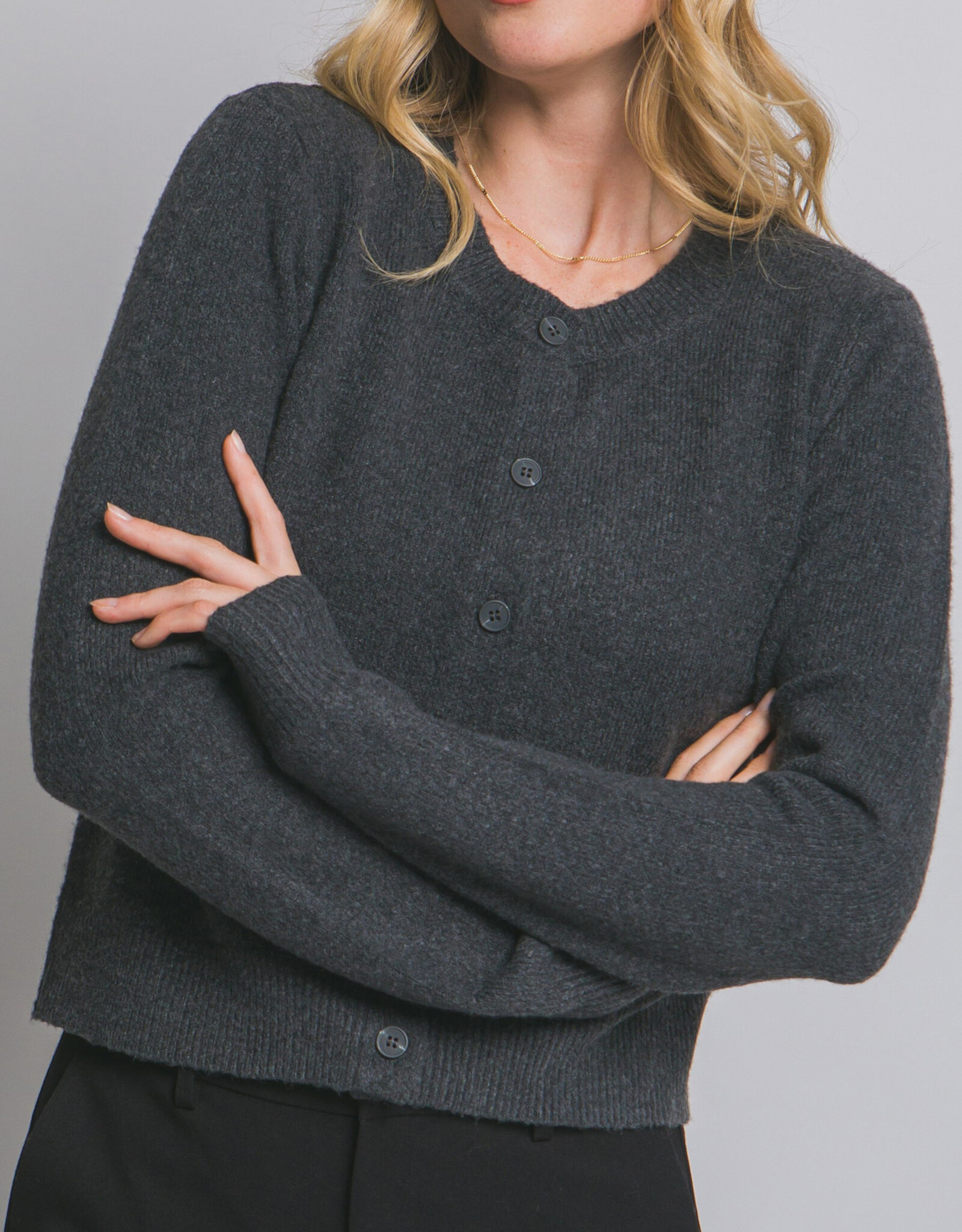 Miss Bliss LT Crew Neck Button Up Cardigan-Charcoal