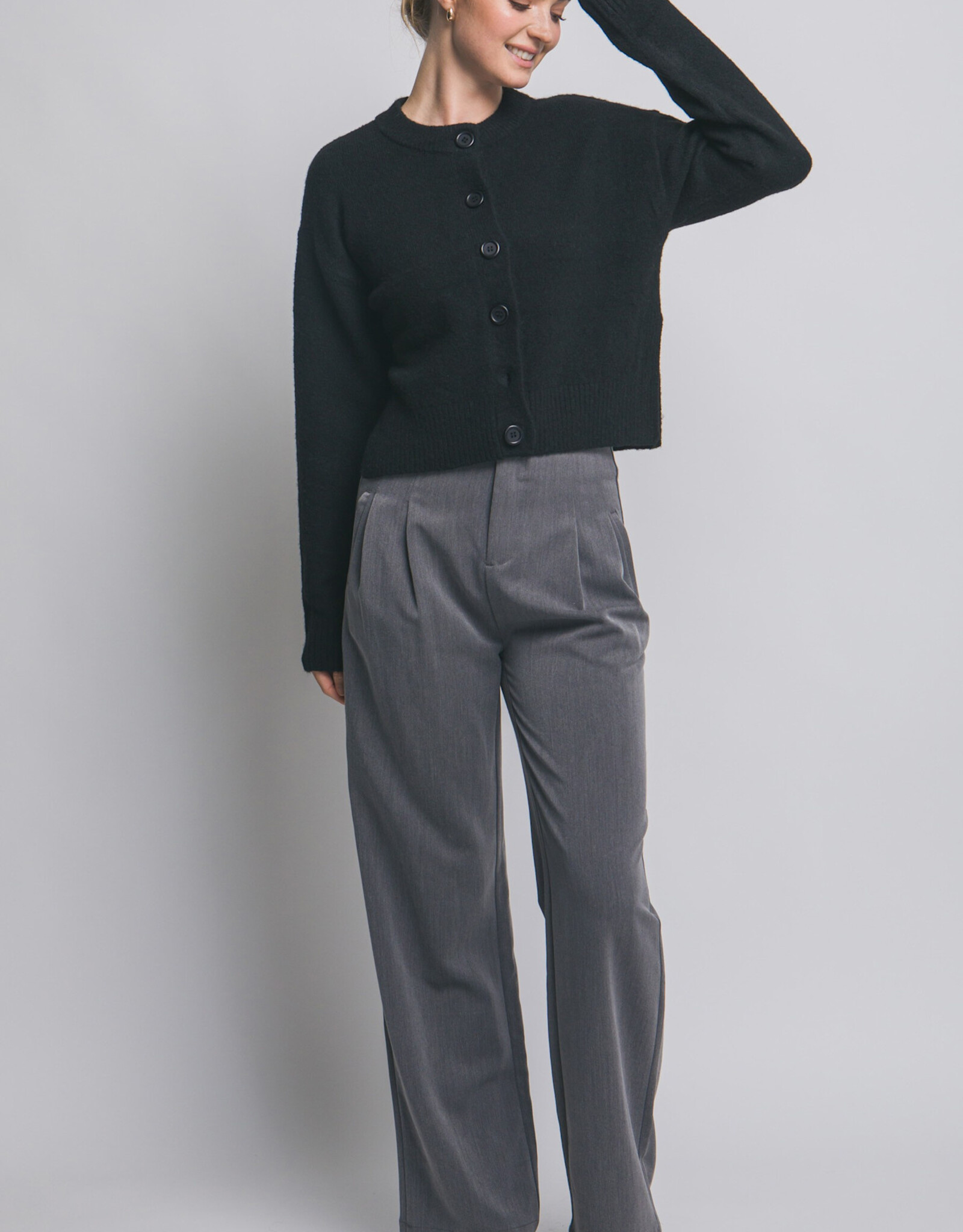 Miss Bliss LT Chunky Crew Neck Cardigan W Buttons-Black