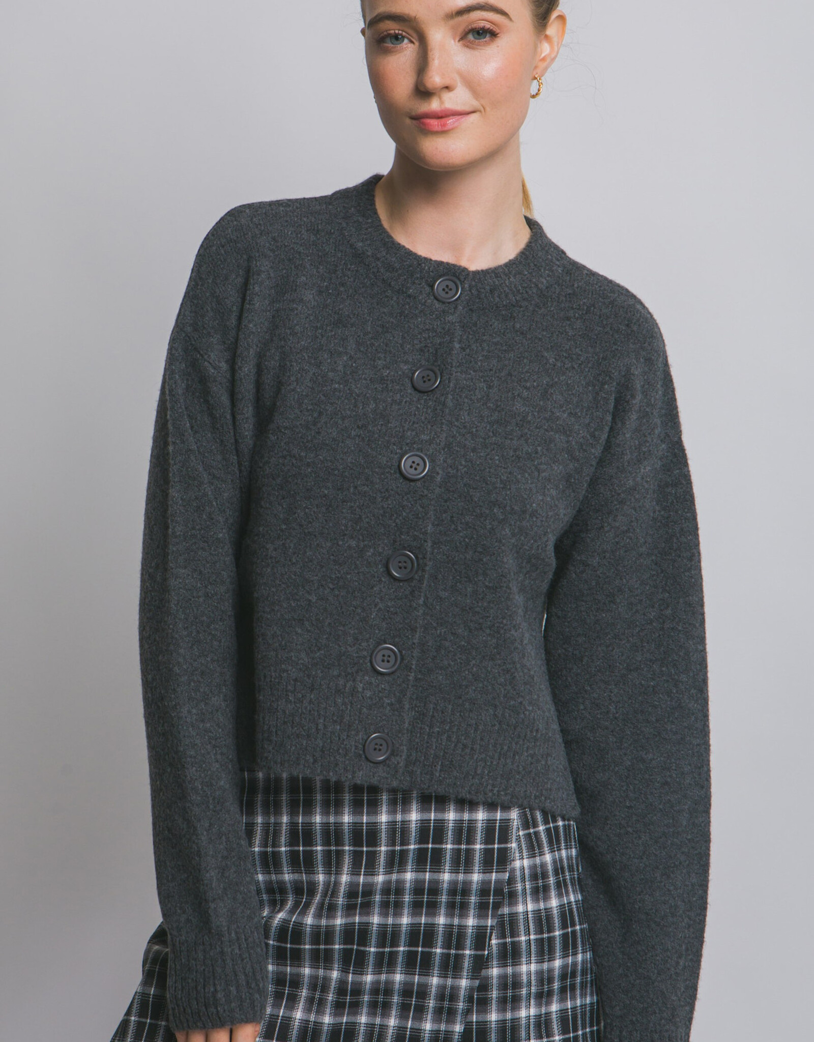 Miss Bliss LT Chunky Crew Neck Cardigan W Buttons-Charcoal