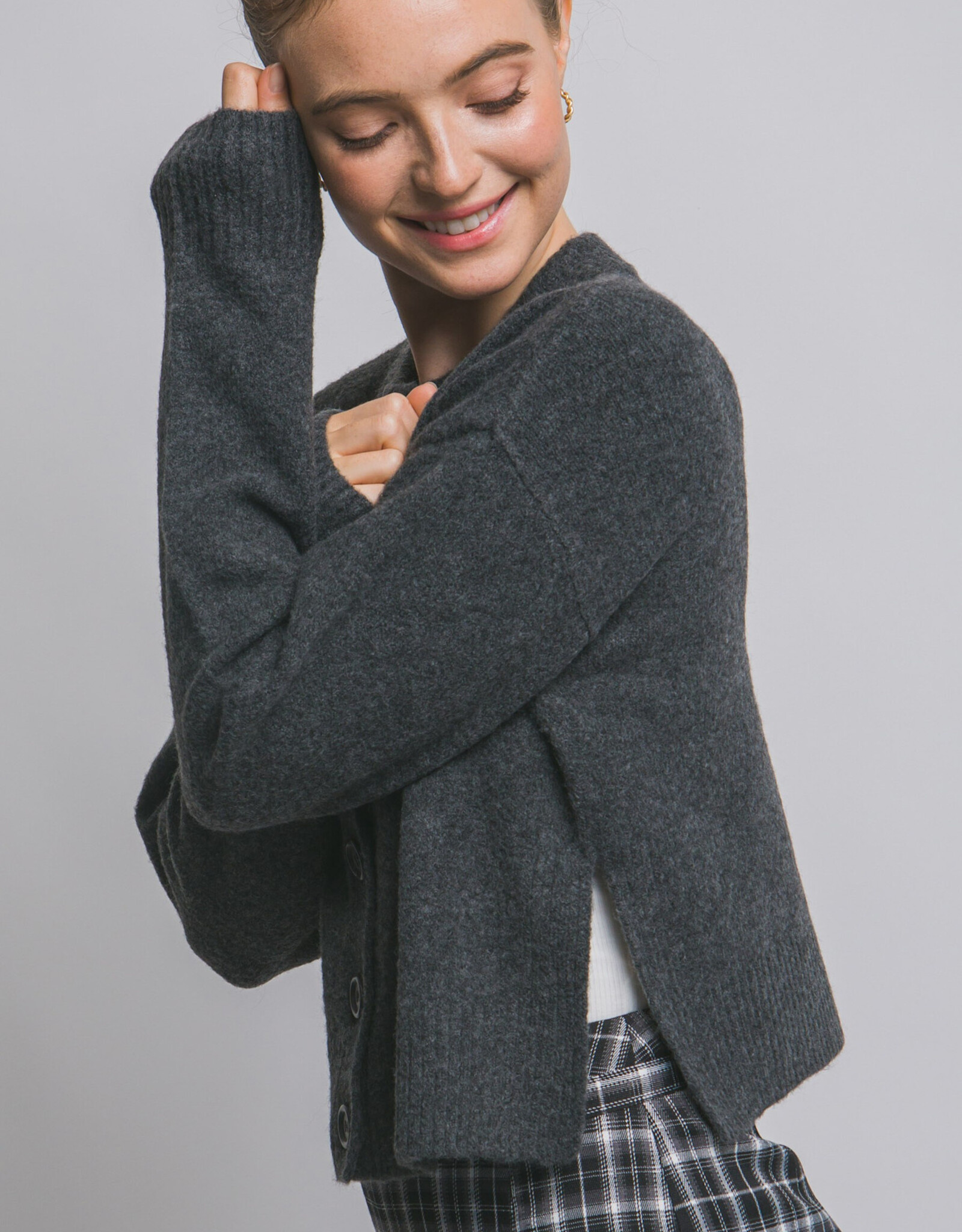 Miss Bliss LT Chunky Crew Neck Cardigan W Buttons-Charcoal