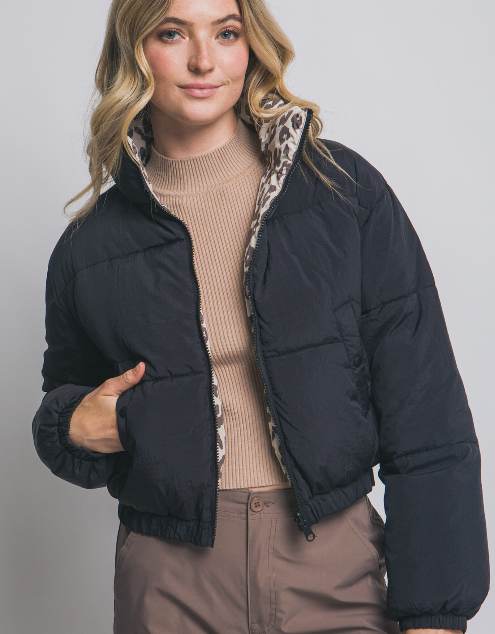 Miss Bliss LT Reversible Leopard Collar Puffer Jacket-Black/Print