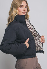 Miss Bliss LT Reversible Leopard Collar Puffer Jacket-Black/Print